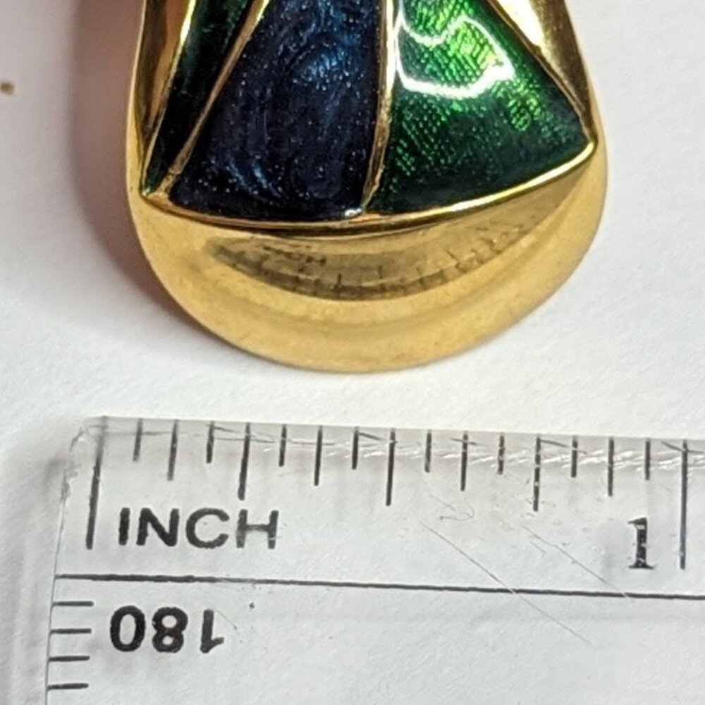 Vintage Golden Tone Metal Enamel Earrings Brooch Set Pin Stud Posts Red Green - Picture 5 of 5